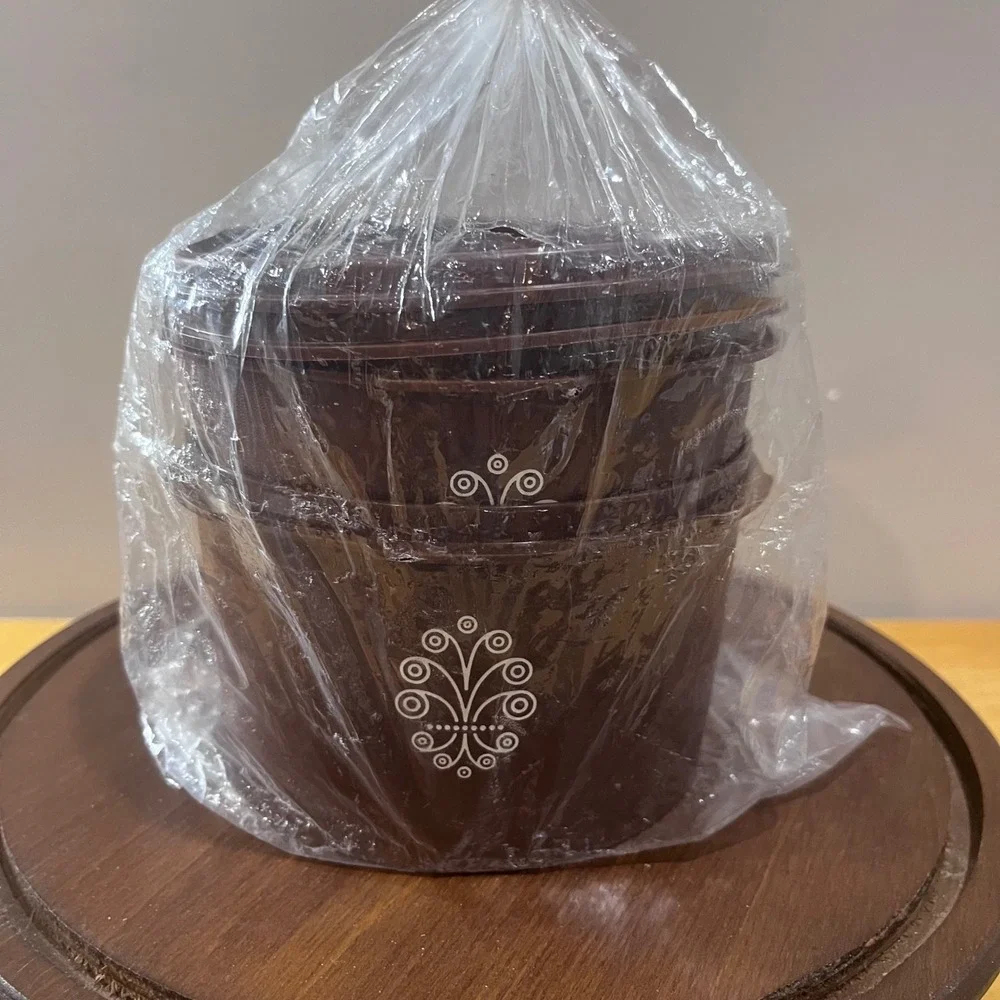Vtg Tupperware Brown Servalier Canister Set 2pc Sunburst Floral Retro 70s MCM